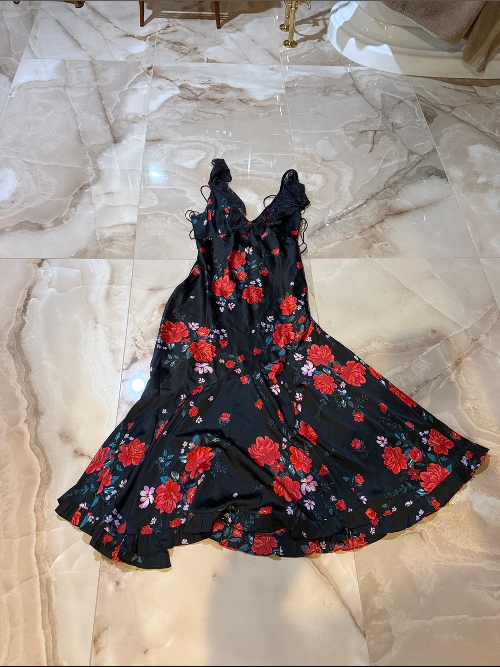Free People Black Slip Dress with Red Floral Print